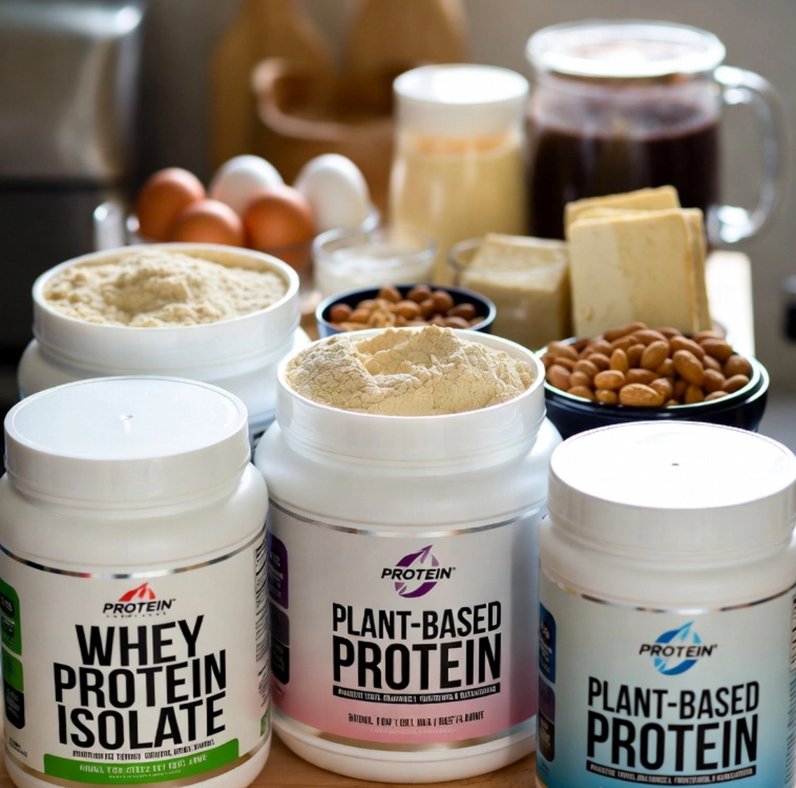 다양한 가공 단백질 보충제와 자연 식품의 비교 이미지