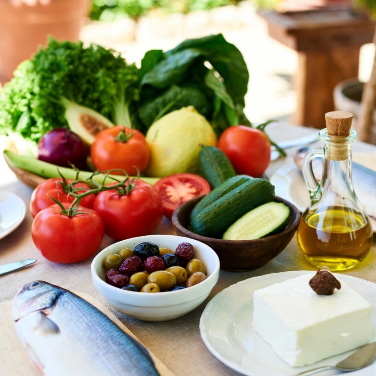 신선한 채소, 생선, 올리브유로 구성된 지중해식 식단 상차림