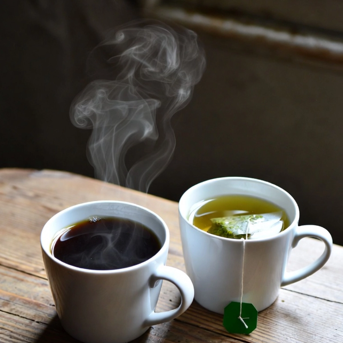 따뜻한 블랙커피와 녹차 한 잔의 이미지