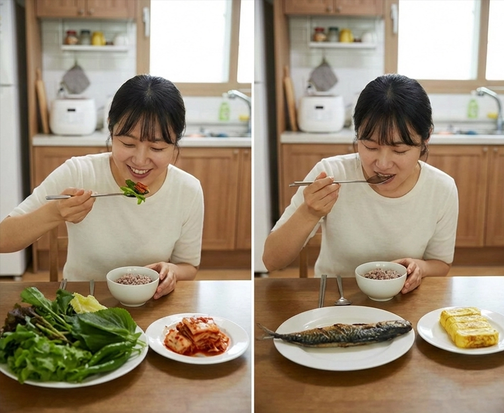 채소, 단백질, 탄수화물 순서로 식사하는 모습을 보여주는 이미지