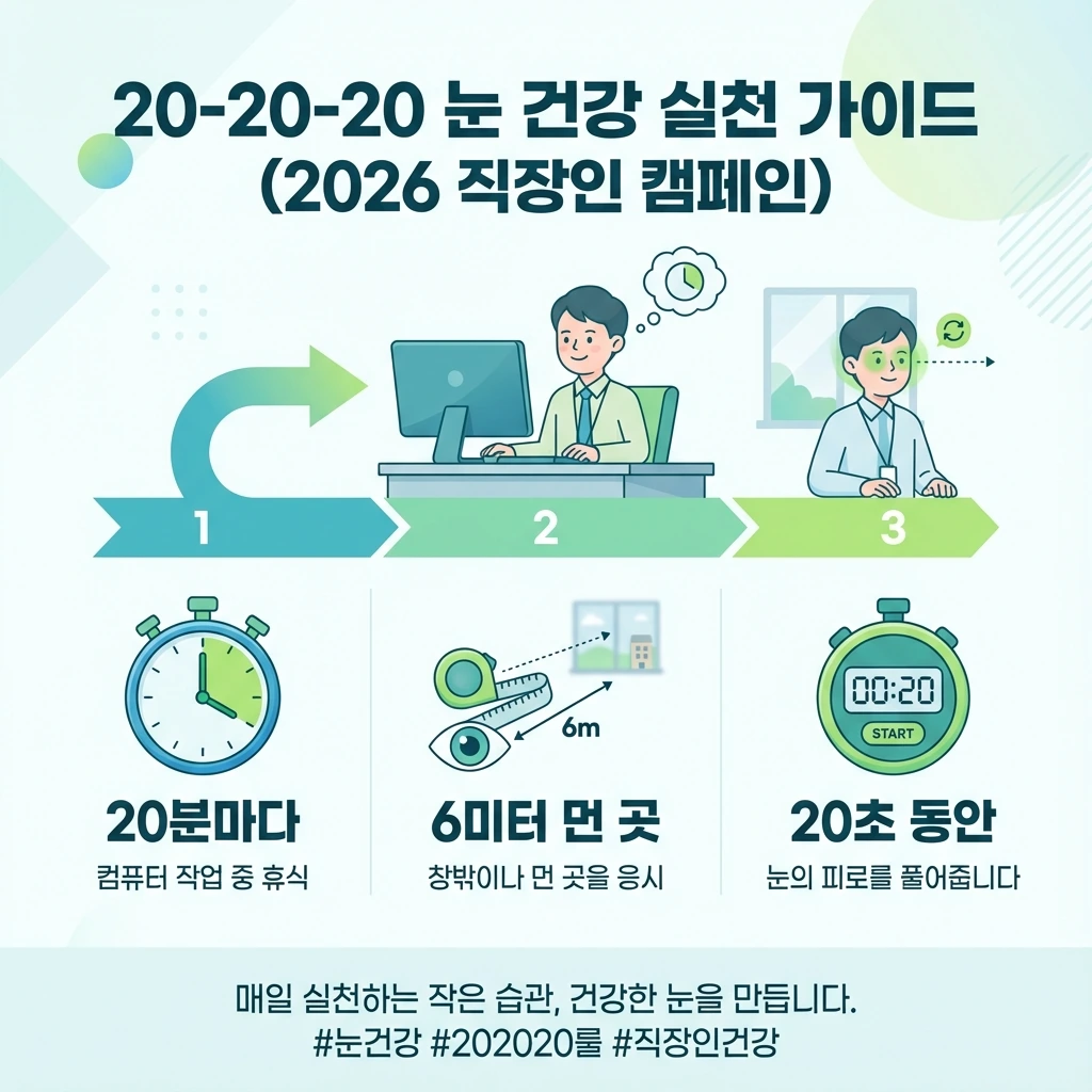 20-20-20 규칙 실천 방법을 단계별로 설명하는 인포그래픽, 타이머 설정, 6미터 먼 곳 바라보기, 20초 휴식을 시각적으로 표현