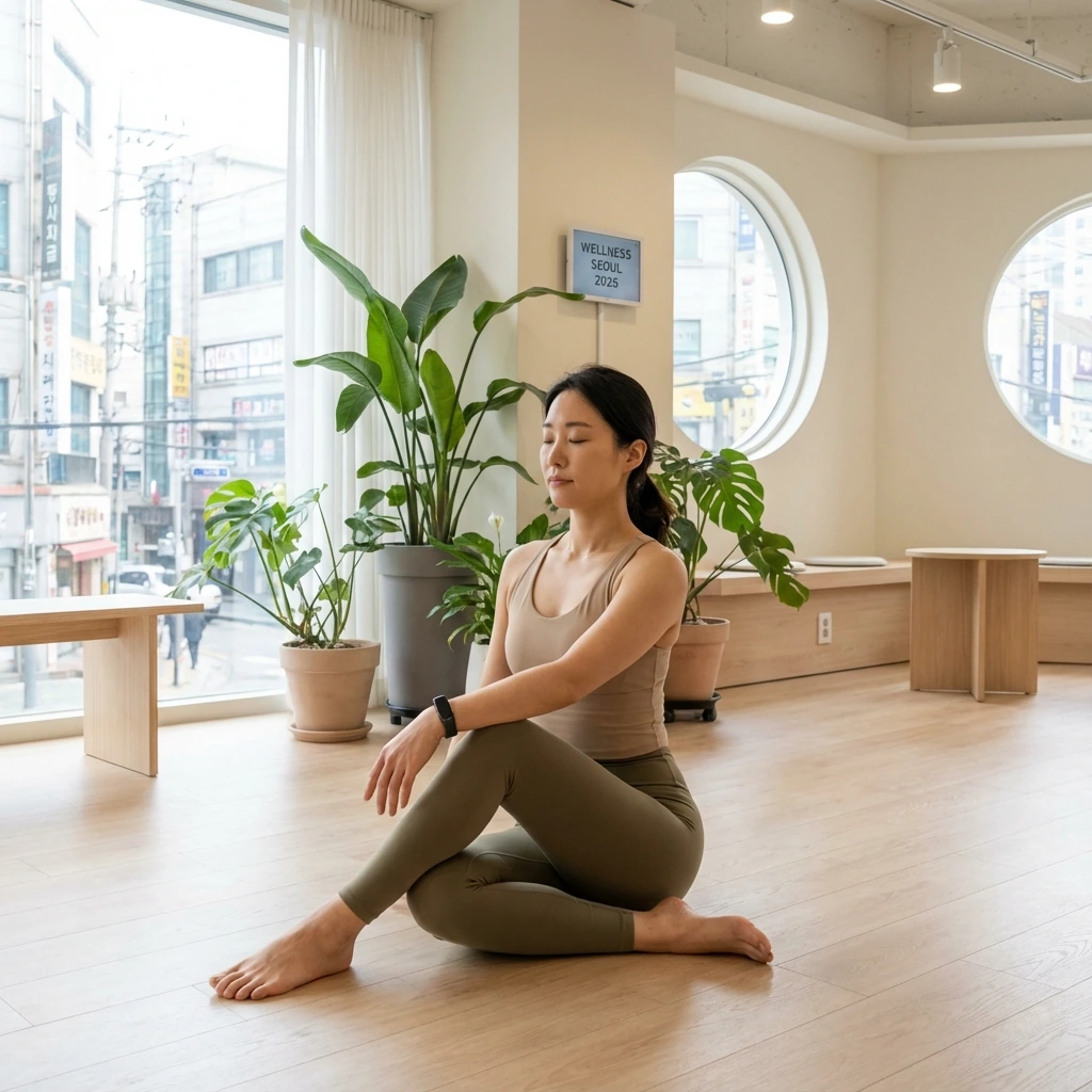 2026 웰니스 트렌드를 상징하는 건강한 30대 한국인이 웨어러블 기기를 착용하고 명상과 운동을 병행하는 모습