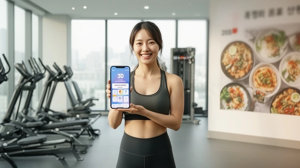 2026년 1월 현대적인 한국 피트니스센터에서 30대 한국인 여성이 밝은 미소를 지으며 스마트폰으로 30일 챌린지 완료 화면을 보여주고 있고, 배경에는 최신 운동기구와 건강한 식단 사진이 보인다
