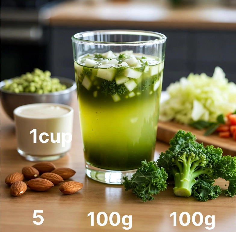 아몬드 5알, 두유 1컵, 삶은 양배추 100g, 브로콜리 100g, 케일 100g으로 만드는 주스