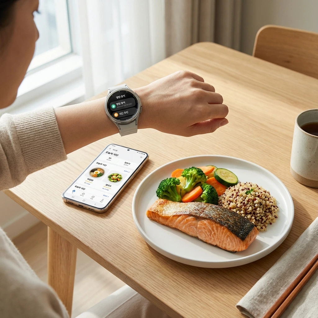 웨어러블 기기와 AI 식단 앱을 활용해 맞춤형 영양 관리를 하는 한국인의 스마트폰 화면과 건강한 식사