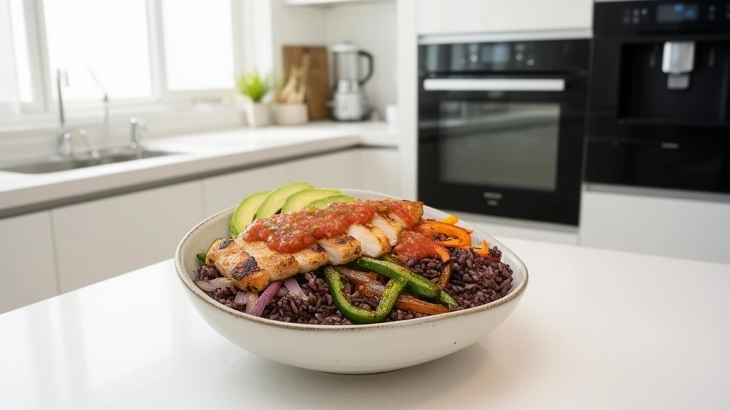 2026년 1월 현대적인 한국 주방 조리대 위에 검은콩 현미 부리또 볼이 세련된 그릇에 담겨 있고, 아보카도와 살사소스가 토핑으로 올라가 있으며, 밝은 자연광