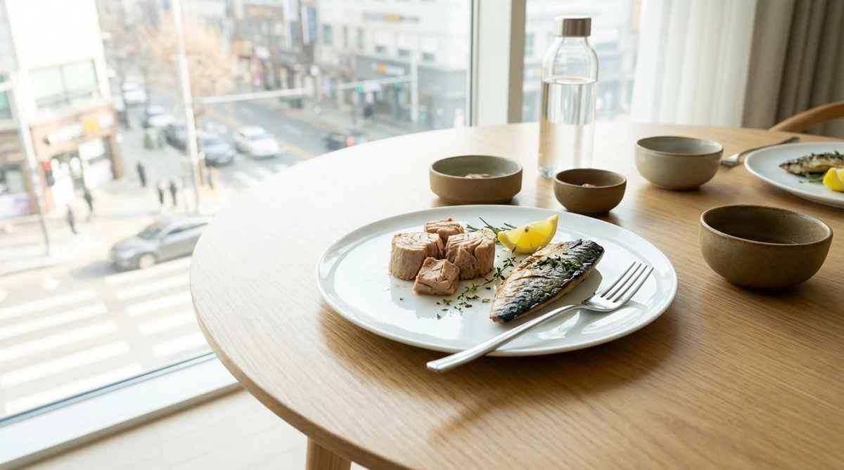 2026년 현대적인 한국 식탁 위에 놓인 참치와 고등어 통조림, 깨끗한 접시와 포크