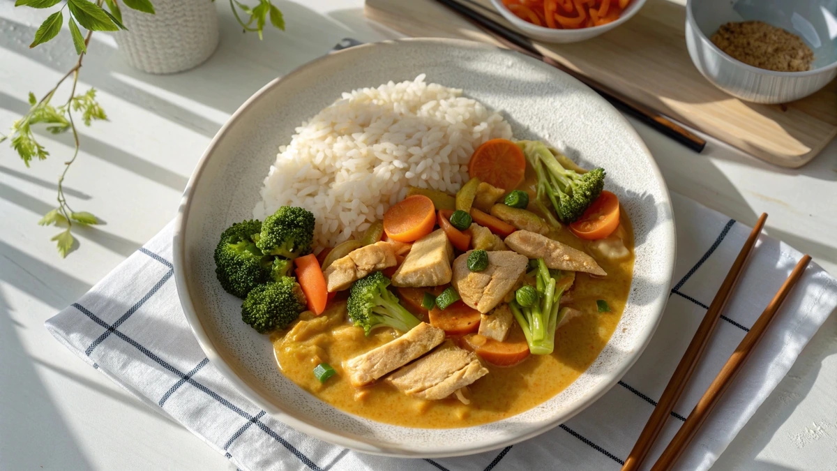 하얀 접시에 담긴 닭가슴살 채소 카레와 곤약밥, 브로콜리와 당근이 보이는 다이어트 카레 레시피 완성본