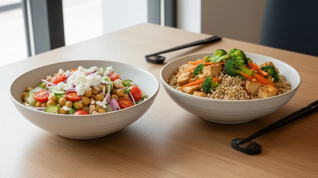 2026년 1월 현대적인 한국 레스토랑 테이블 위에 병아리콩 샐러드 볼과 두부 퀴노아 볶음밥이 세련된 그릇에 담겨 있고, 자연광이 들어오는 밝은 분위기