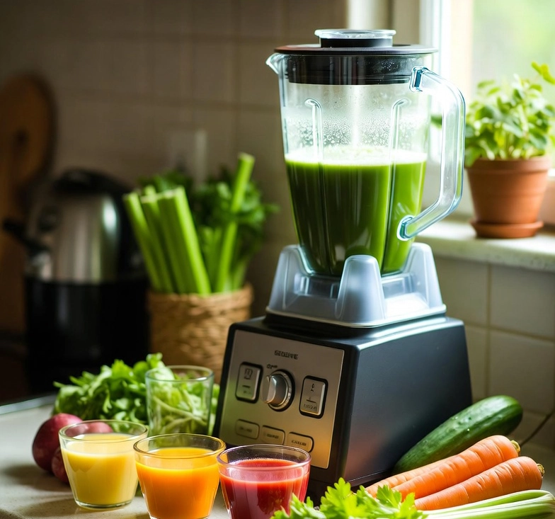 주방 카운터 위 블렌더와 다양한 색상 건강 주스