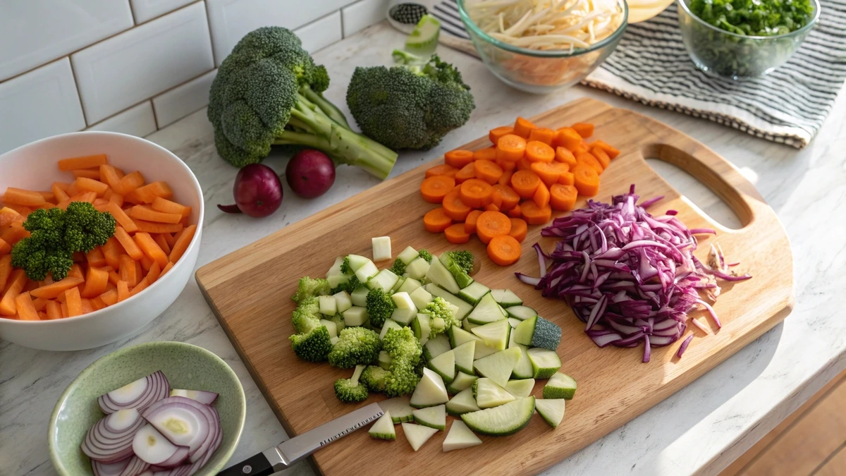 도마 위에 손질된 브로콜리, 당근, 양파, 애호박, 양배추가 깔끔하게 정리되어 있는 다이어트 카레 레시피 준비 장면