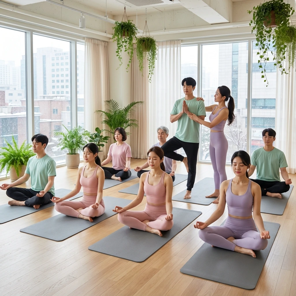 커뮤니티 기반 홀리스틱 웰니스를 실천하는 한국인들이 함께 요가와 명상을 하는 모습