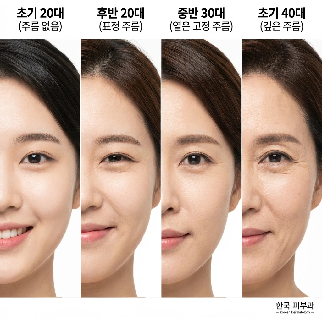 20대부터 40대까지 눈가 주름이 형성되는 과정을 단계별로 보여주는 비교 이미지, 초기 표정주름부터 고정주름까지의 진행 과정