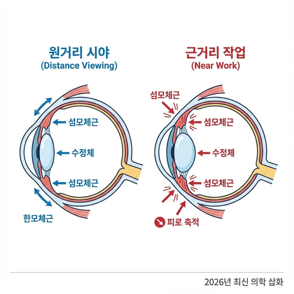 눈 속 수정체와 섬모체근의 구조를 보여주는 의학 다이어그램, 근거리 작업 시 섬모체근이 수축하는 모습과 피로 누적을 표현한 그래픽