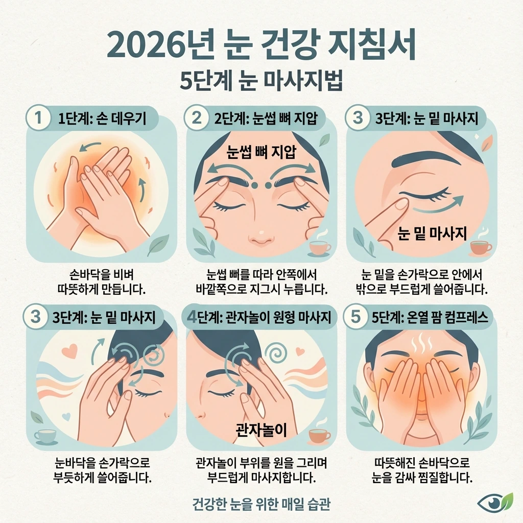 눈 주변 마사지를 단계별로 보여주는 가이드 이미지, 눈썹 뼈 지압, 눈 밑 마사지, 관자놀이 마사지 동작을 손 위치와 방향으로 표시