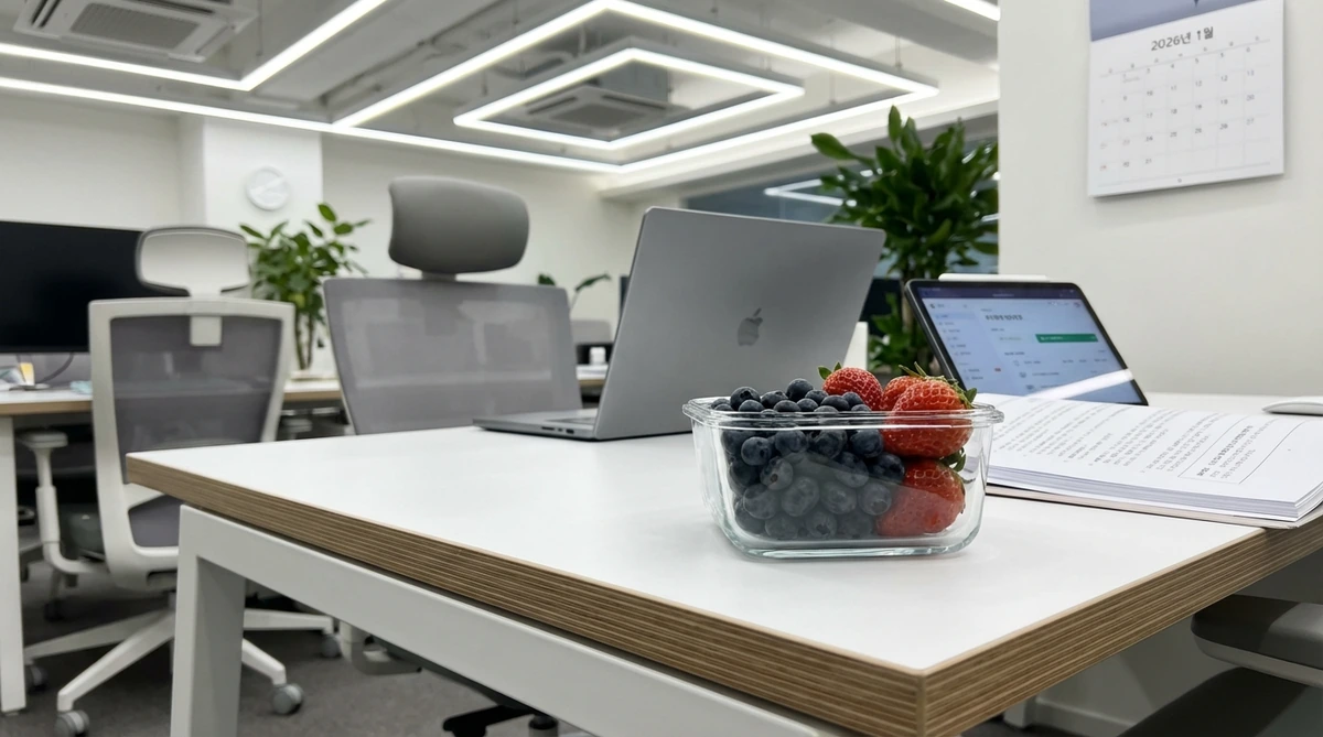 2026년 현대적인 한국 사무실 책상 위 투명 유리 용기에 담긴 신선한 블루베리와 딸기, 밝은 실내 조명