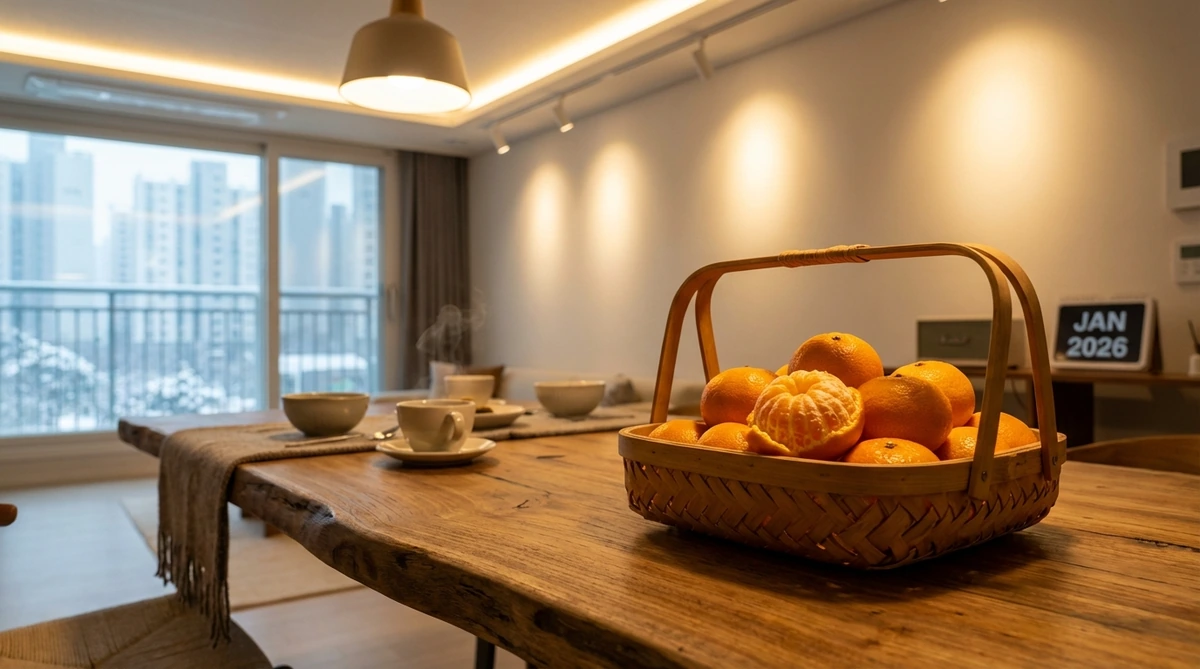 2026년 1월 한국 가정의 식탁 위에 신선한 제주 귤들이 나무 바구니에 담겨 있고, 한 개는 껍질이 반쯤 까져 있어 과즙이 빛나는 모습, 따뜻한 실내 조명