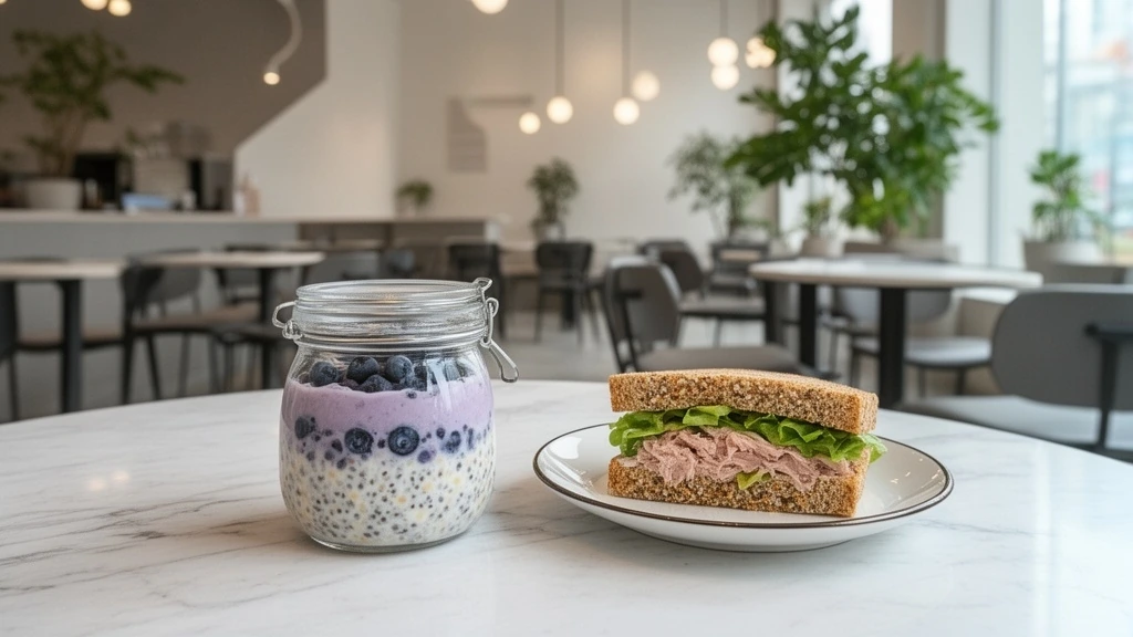 2026년 1월 현대적인 한국 카페 테이블 위에 그릭요거트 오버나이트 오트가 담긴 유리병과 통곡물 참치 샌드위치가 세련된 접시에 담겨 있고, 모던한 인테리어 배경