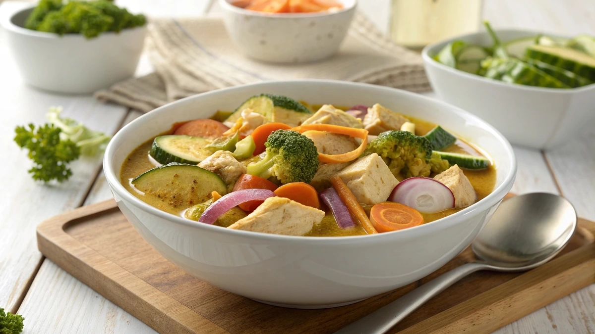 다이어트 카레 레시피를 위해 그릇에 담긴 닭가슴살과 알록달록한 브로콜리, 당근, 애호박이 들어간 저칼로리 카레