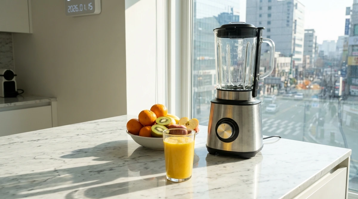 2026년 1월 한국 주방 카운터 위에 귤·키위·사과로 만든 황금빛 스무디가 유리컵에 담겨 있고, 옆에 신선한 과일들과 믹서기가 놓여 있는 아침 식탁 풍경