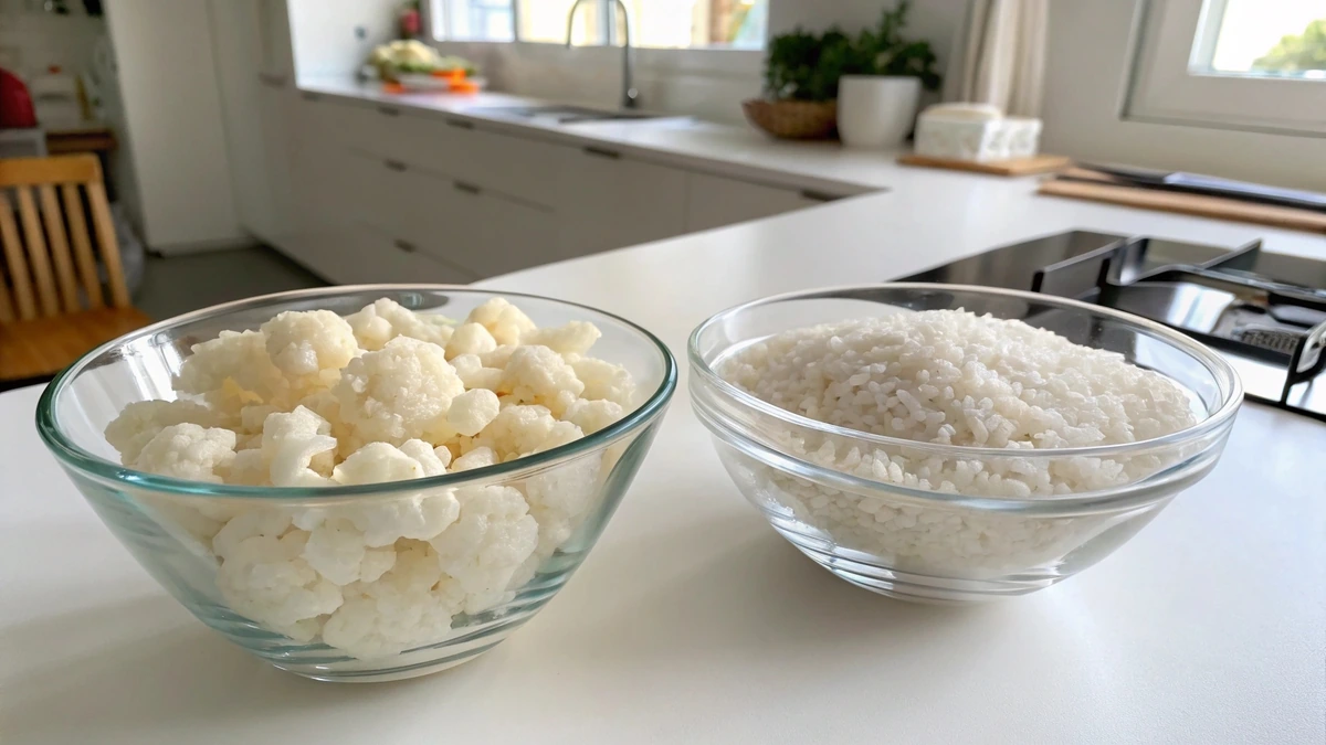 투명 유리 그릇에 담긴 곤약밥과 컬리플라워 라이스가 나란히 놓여 있어 시각적으로 비교할 수 있는 다이어트 카레 레시피 재료