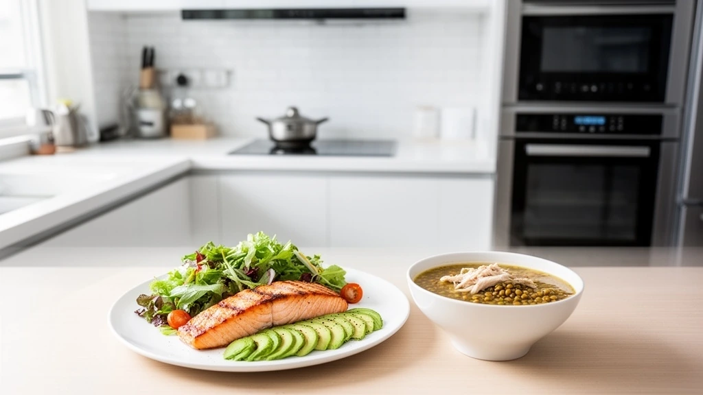 2026년 1월 현대적인 한국 가정집 식탁 위에 연어 아보카도 샐러드와 렌틸콩 치킨 수프가 담긴 그릇, 밝은 주방 배경에 최신 주방 가전이 보인다