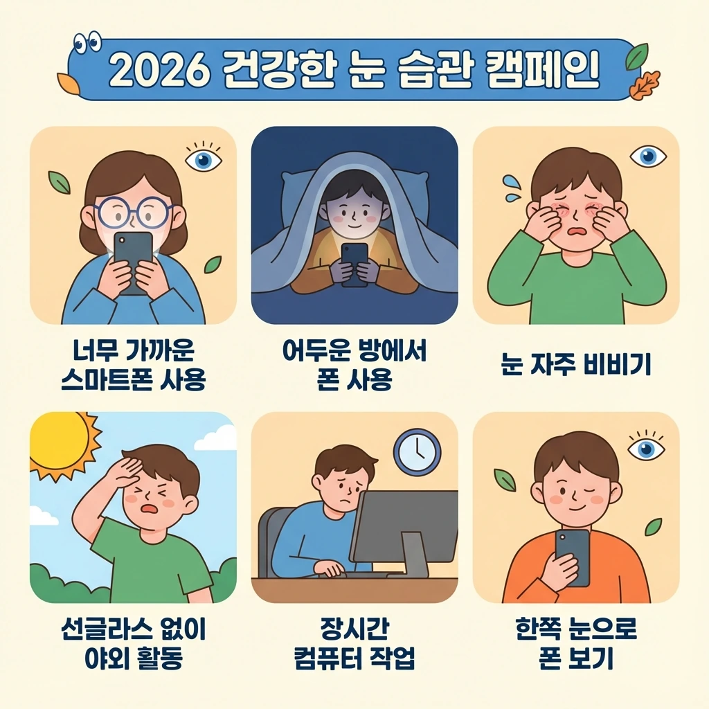 안과 의사가 말리는 6가지 행동을 일러스트로 표현한 인포그래픽, 스마트폰 가까이 보기, 어두운 곳에서 폰 보기, 눈 비비기, 선글라스 미착용, 연속 작업 등을 아이콘으로 표시