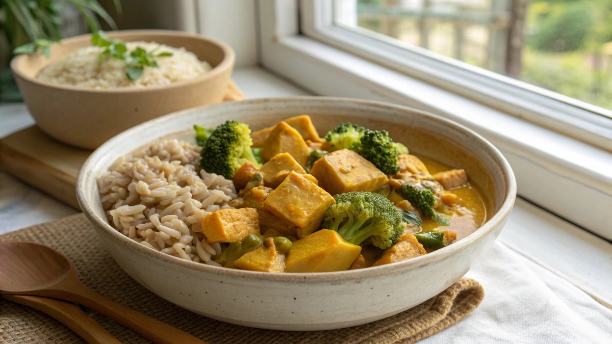 도자기 그릇에 담긴 고구마와 닭가슴살이 들어간 카레와 현미밥, 노란 강황 색이 선명한 다이어트 카레 레시피